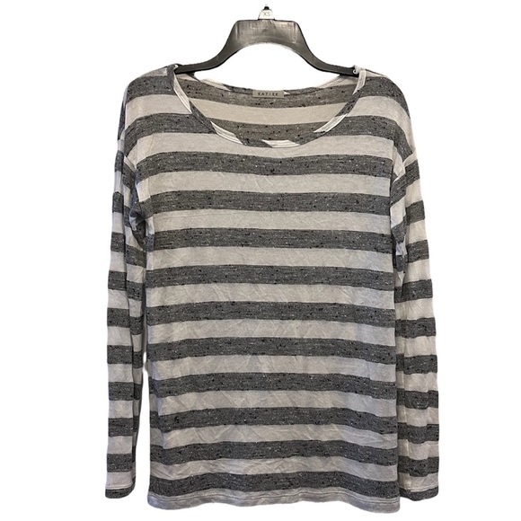 Katie K Long Sleeve Grey Chunky Stripes White Knit T-Shirt - Picture 1 of 3